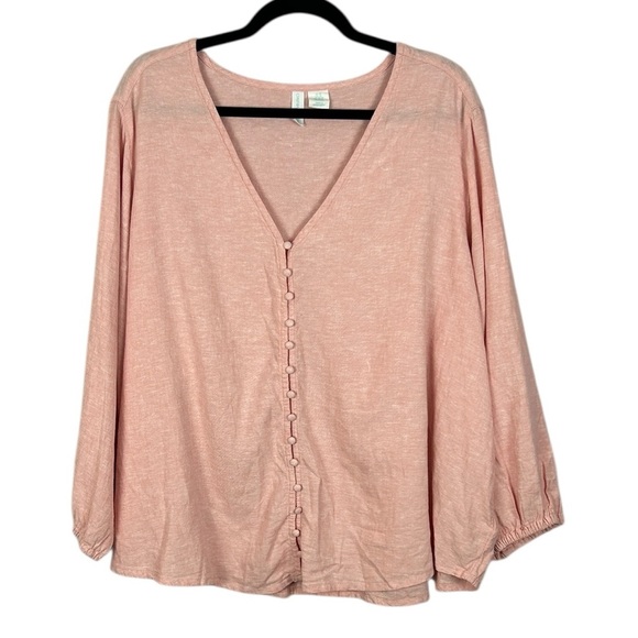 Cynthia Rowley Tops - Cynthia Rowley Lagenlook Linen Long Sleeve V Neck Button Front Top 3X Soft Pink